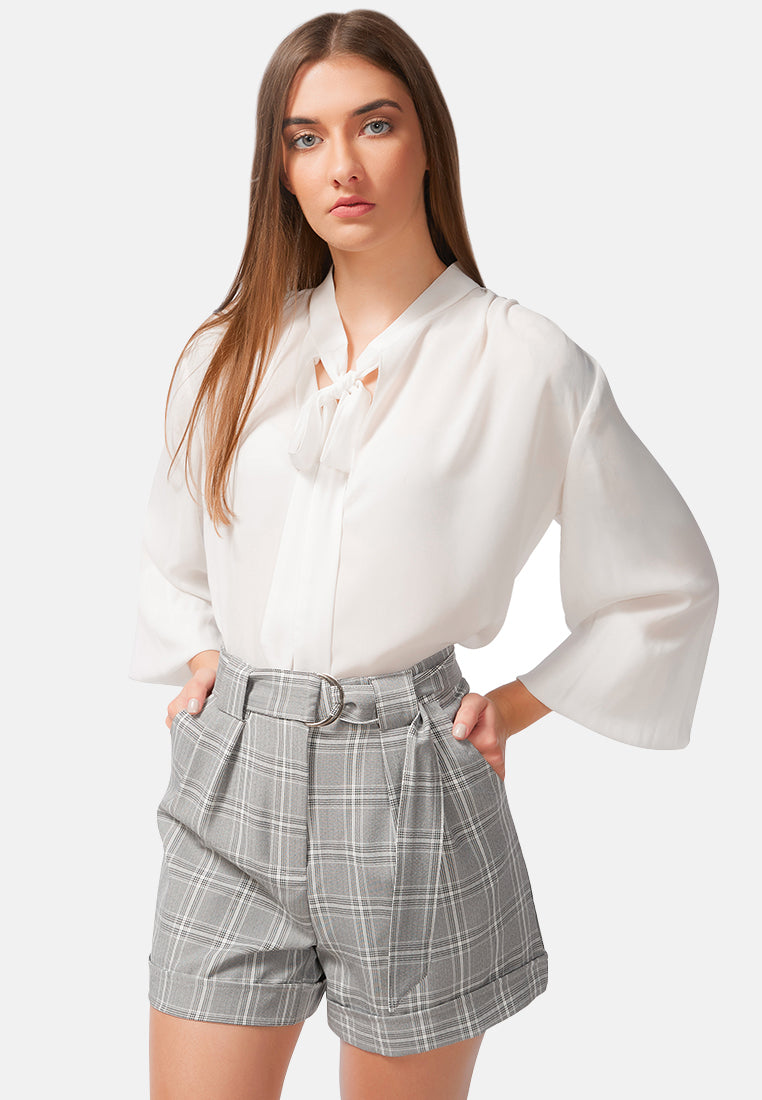 plaid upturned hem shorts#color_grey