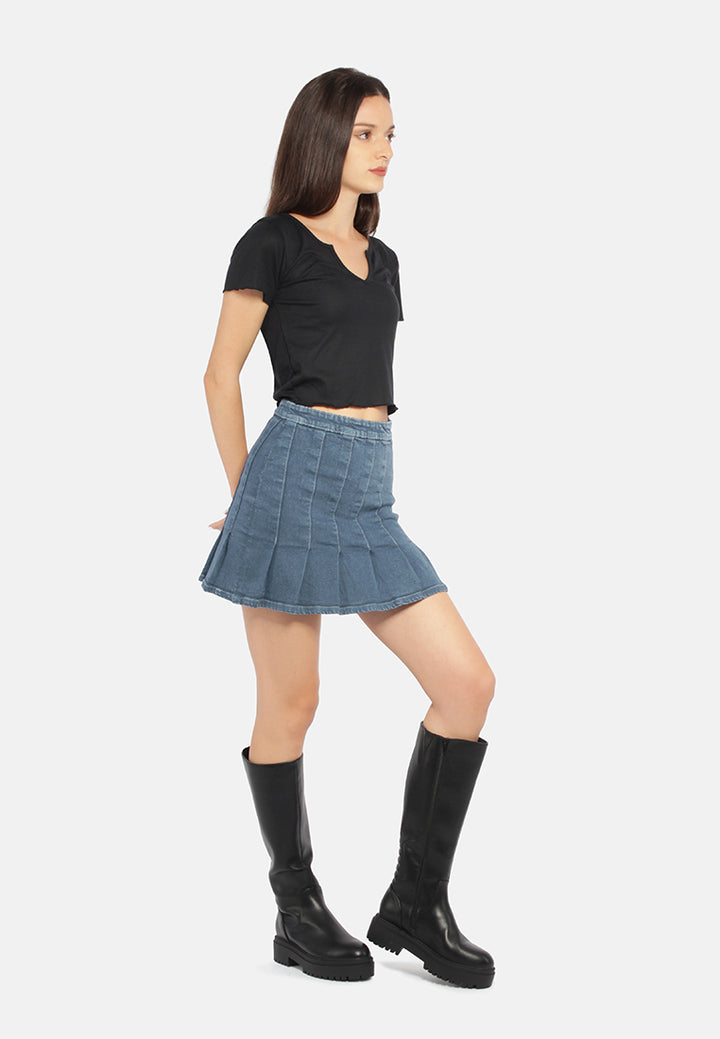 pleated denim mini skirt#color_dark-blue