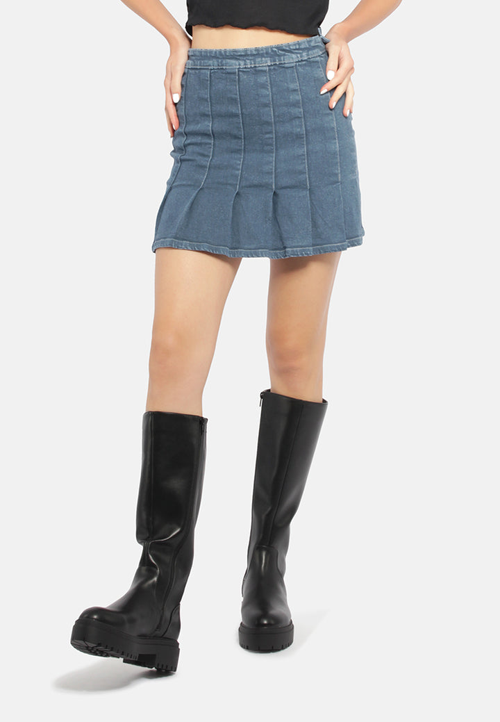 pleated denim mini skirt#color_dark-blue