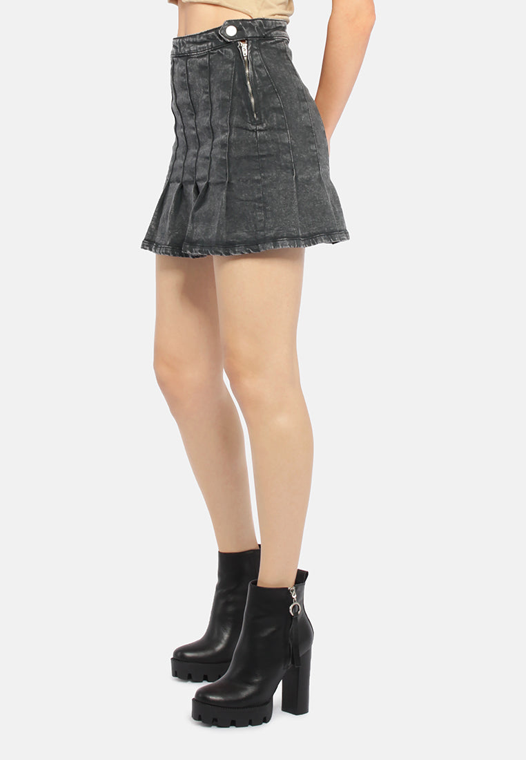 pleated denim mini skirt#color_black