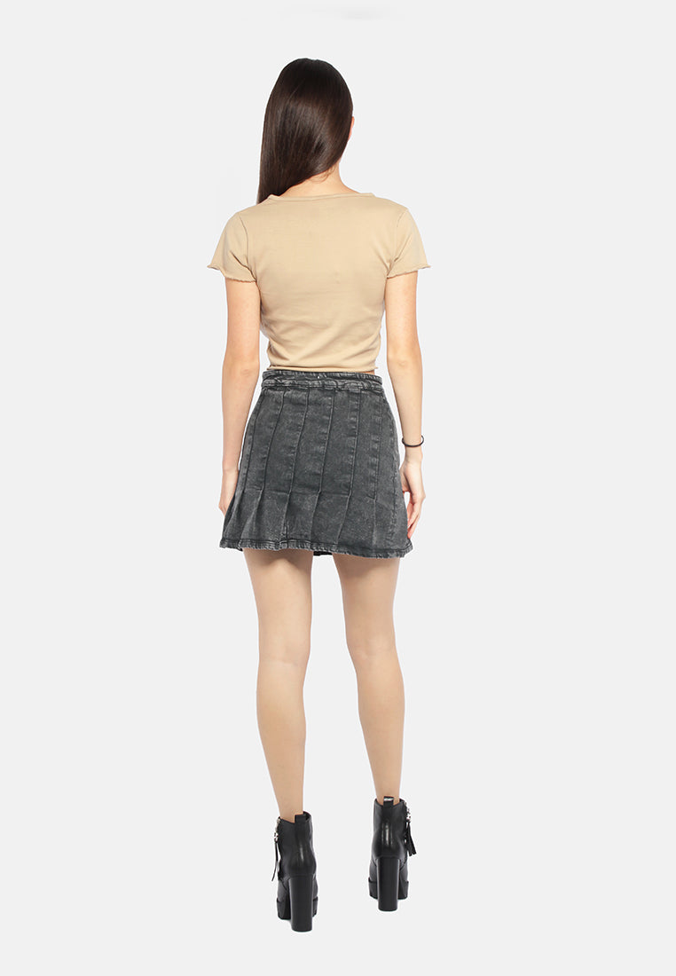 pleated denim mini skirt#color_black