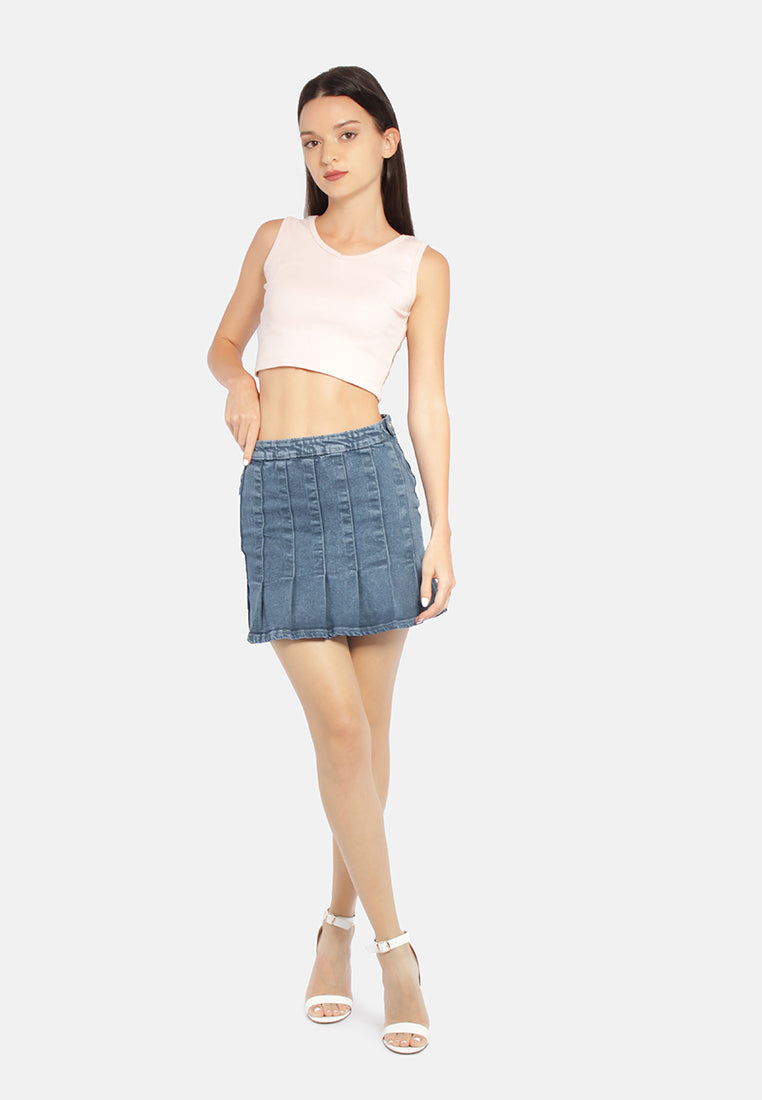 pleated denim mini skirt#color_light-blue