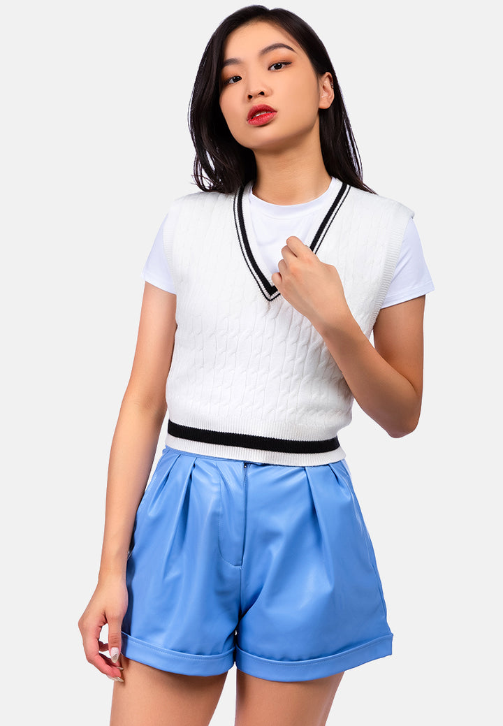 pleated faux leather shorts#color_cornflower-blue