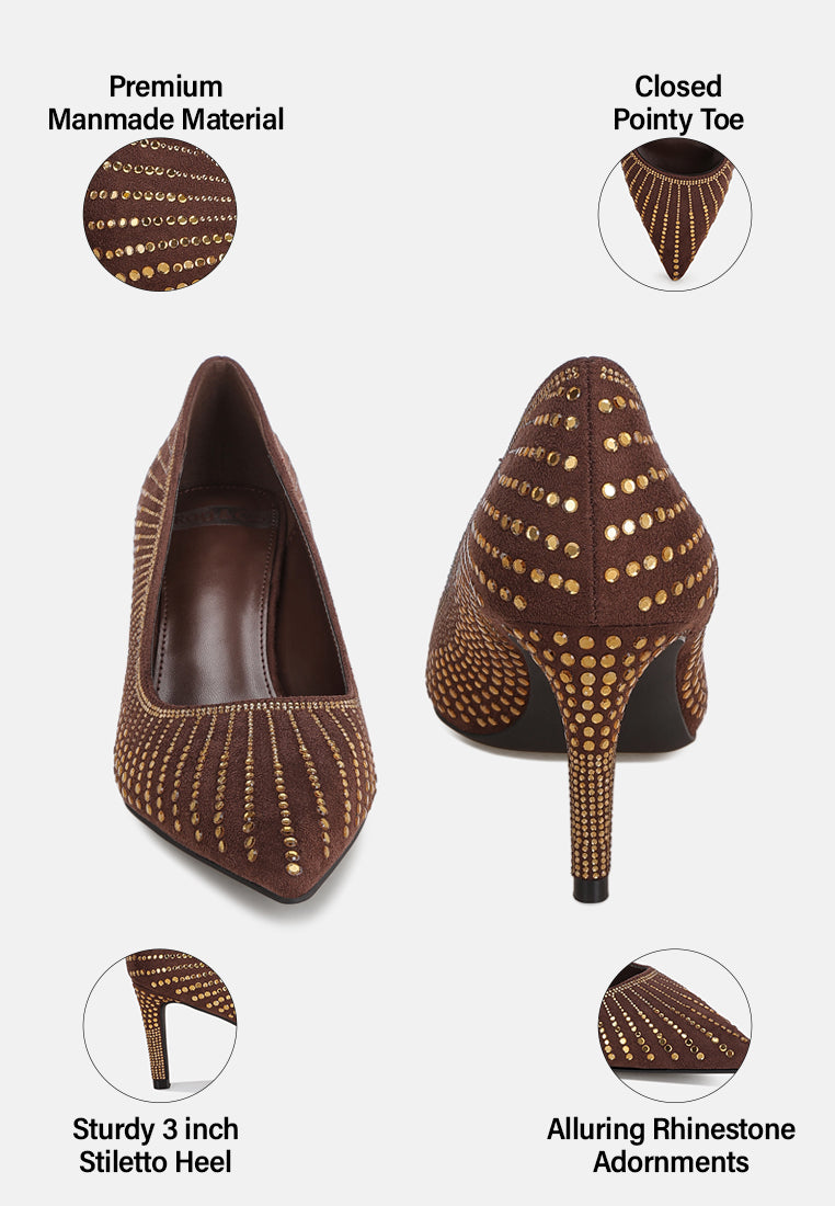 pitchers rhinestone embellished stiletto heels#color_brown-suede
