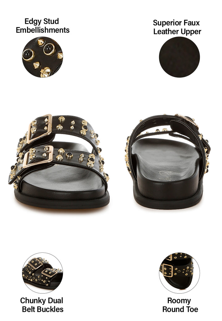 metallic stud embellished sliders by ruw#color_black