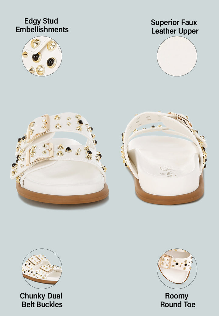metallic stud embellished sliders by ruw#color_white