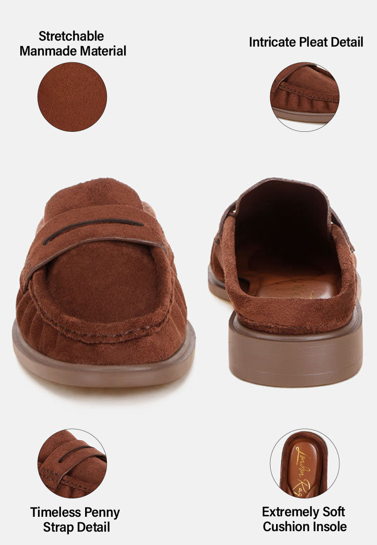 stretch fit pleated flat mules#color#brown-suede