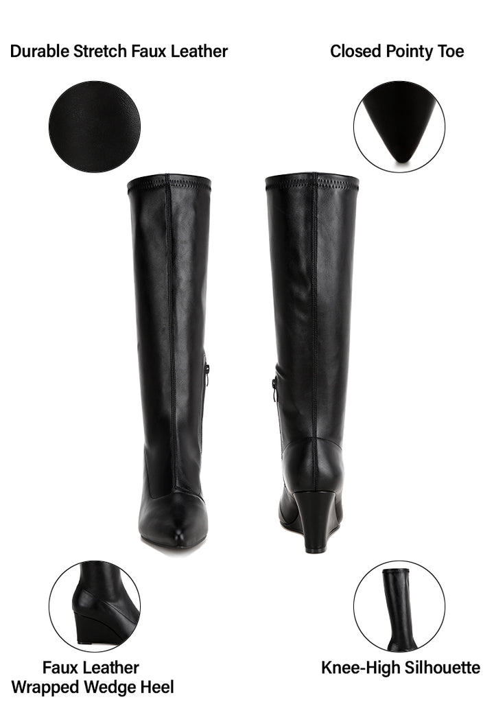 pointed toe stretchable wedge boots#color_black-smooth