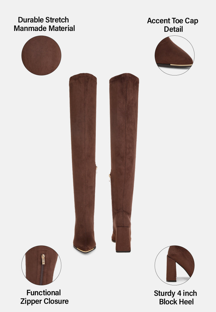 veronica stretchable block heel long boots#color_brown-suede
