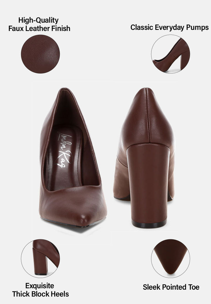 zhuri faux leather solid block heel pumps#color_brown