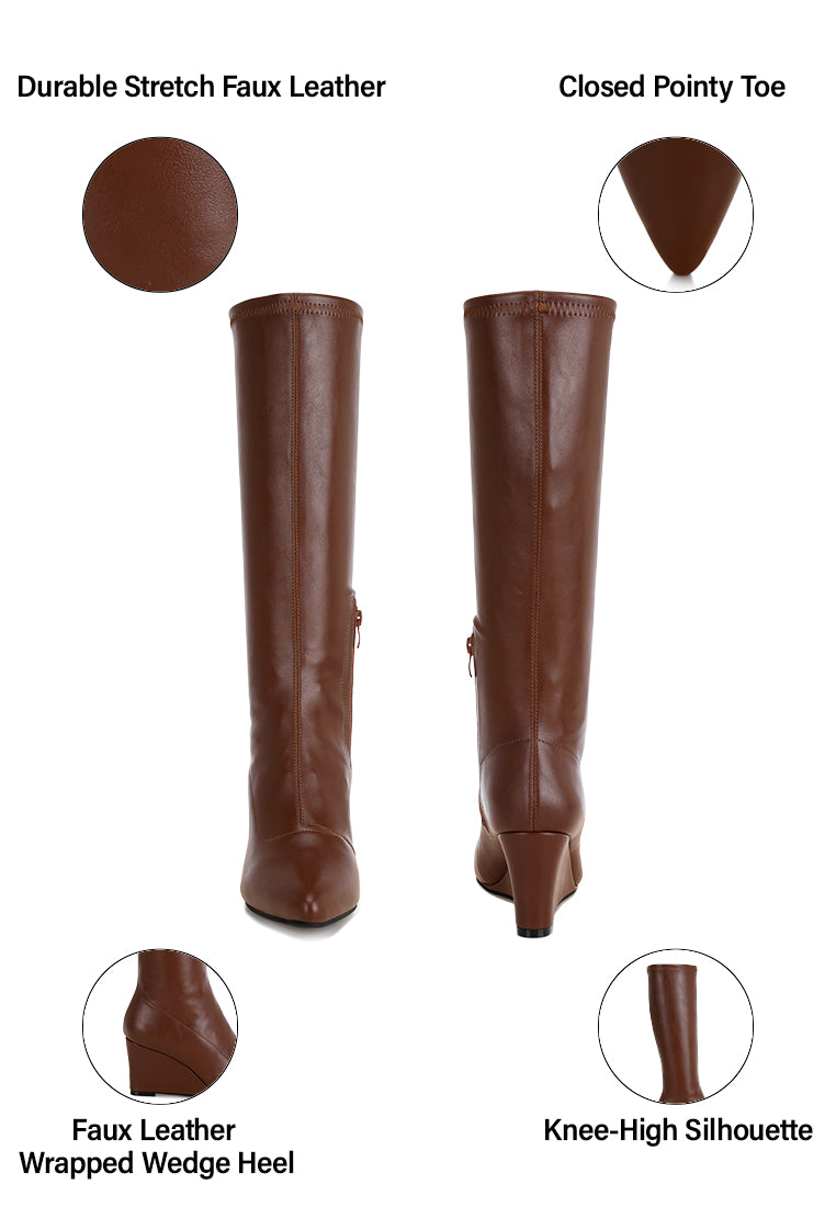 pointed toe stretchable wedge boots#color_brown-smooth