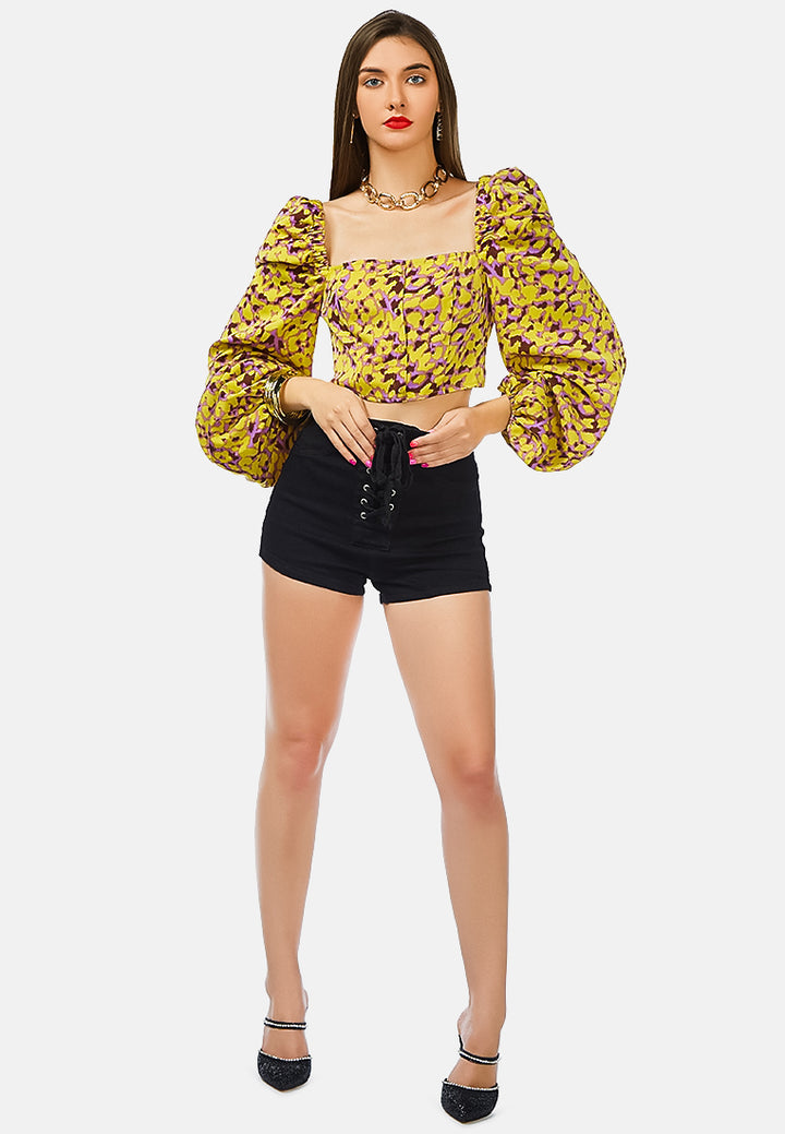 printed puffed sleeve blouse#color_yellow