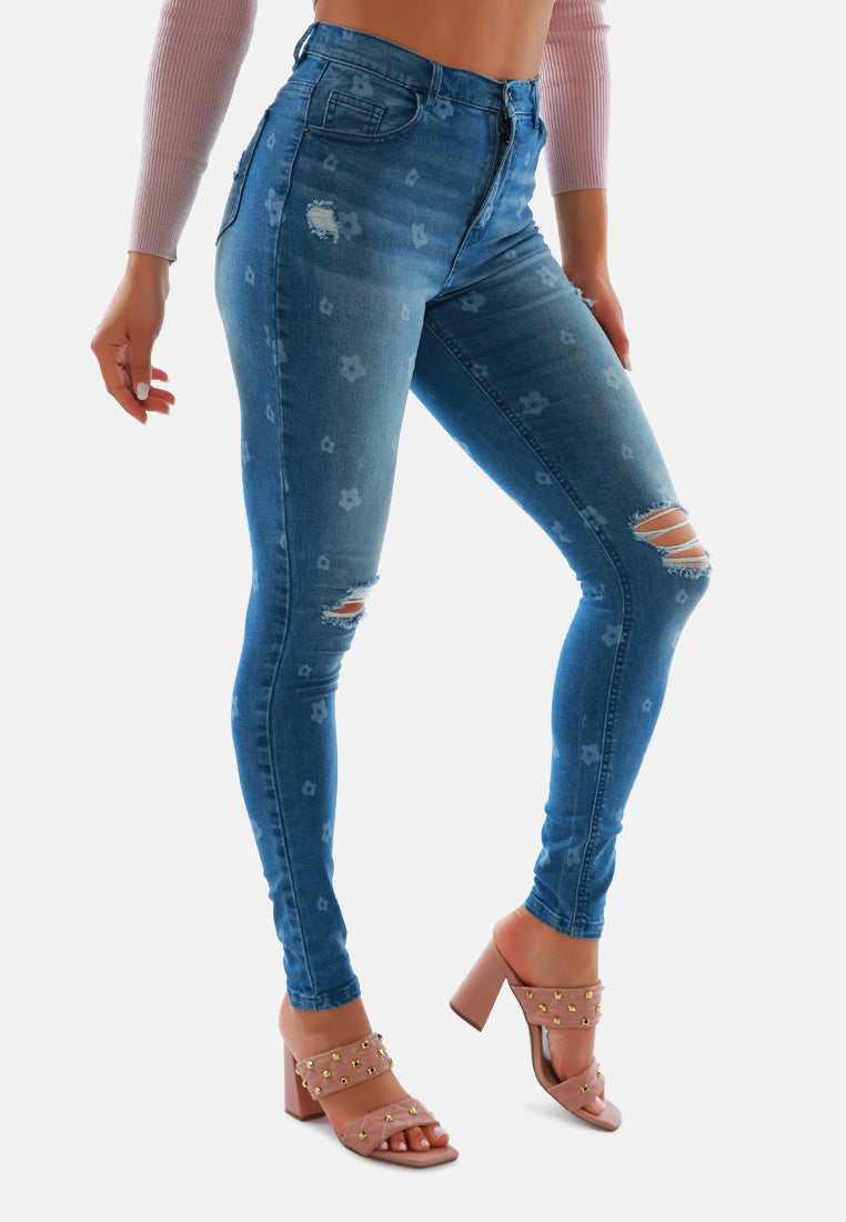 printed ripped slim fit blue denim pants#color_blue