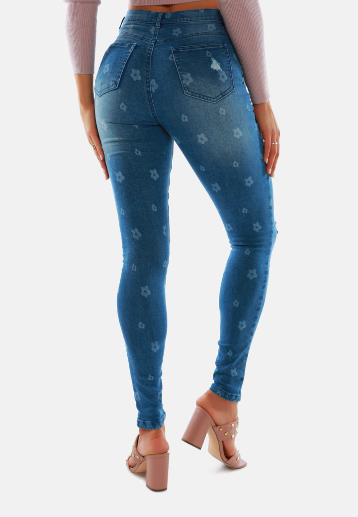 printed ripped slim fit blue denim pants#color_blue