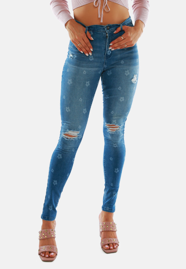 printed ripped slim fit blue denim pants#color_blue