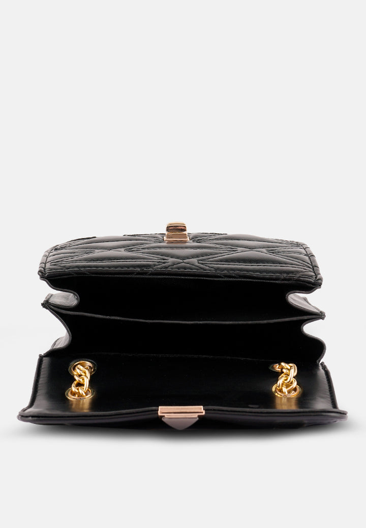 quilted multi metal strap handbag#color_black