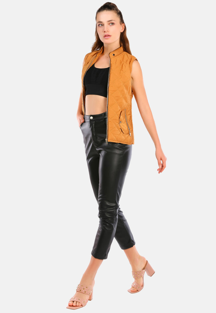 quilted puffer sleeveless jacket#color_khaki