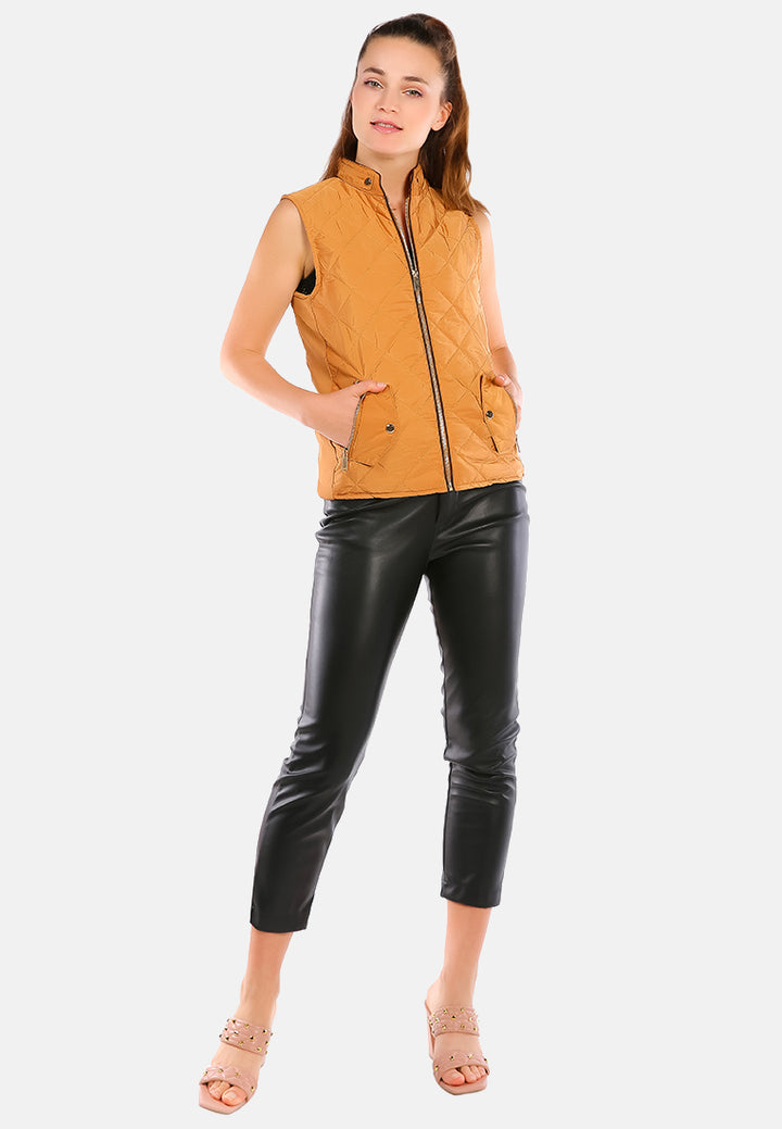 quilted puffer sleeveless jacket#color_khaki