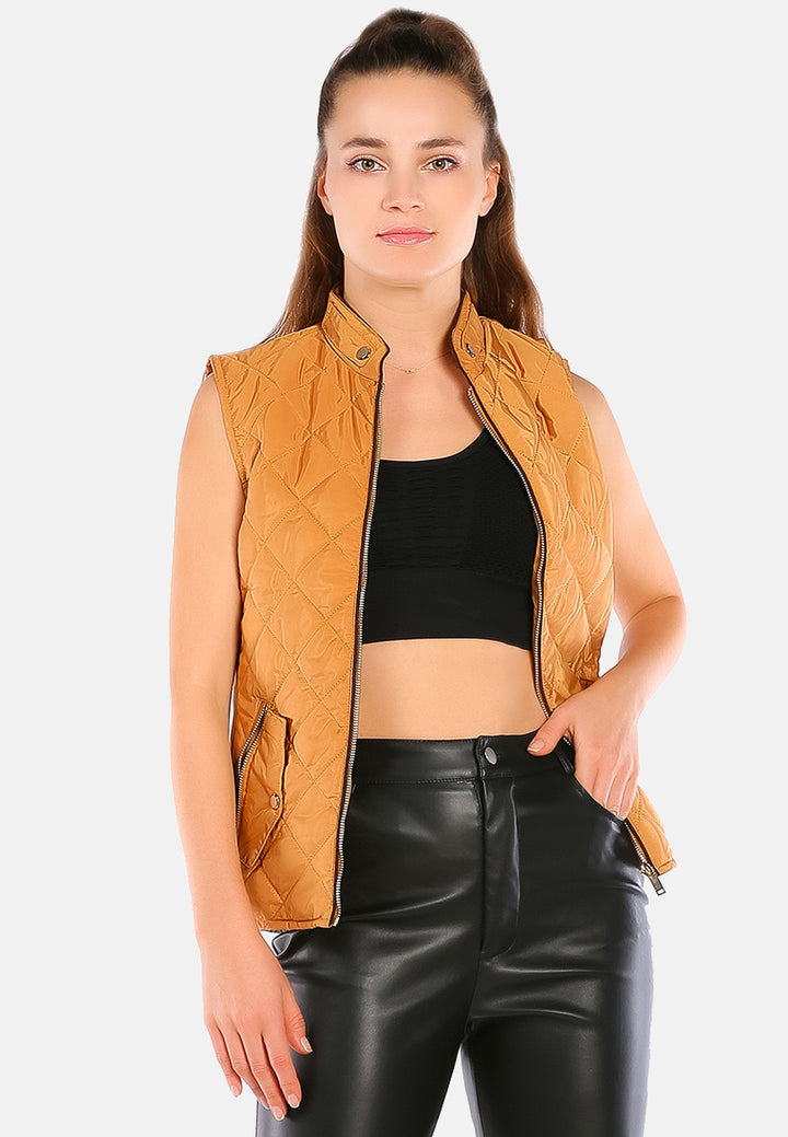 quilted puffer sleeveless jacket#color_khaki
