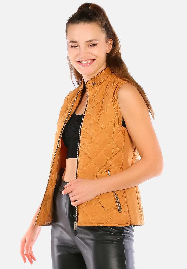 quilted puffer sleeveless jacket#color_khaki