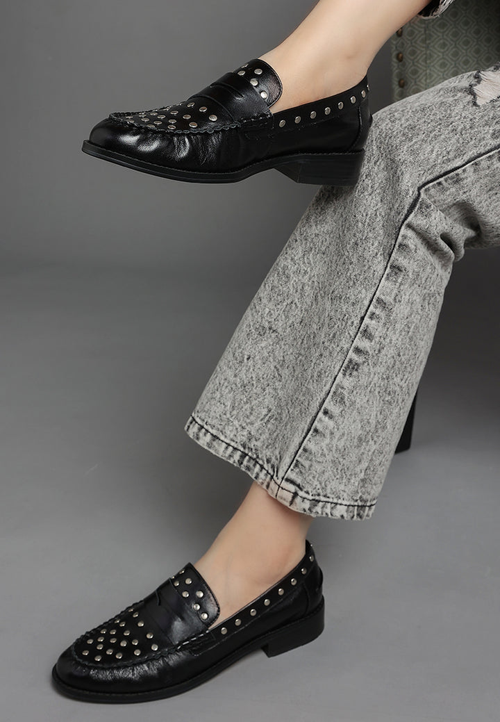 studs embellished leather loafers by ruw#color_black