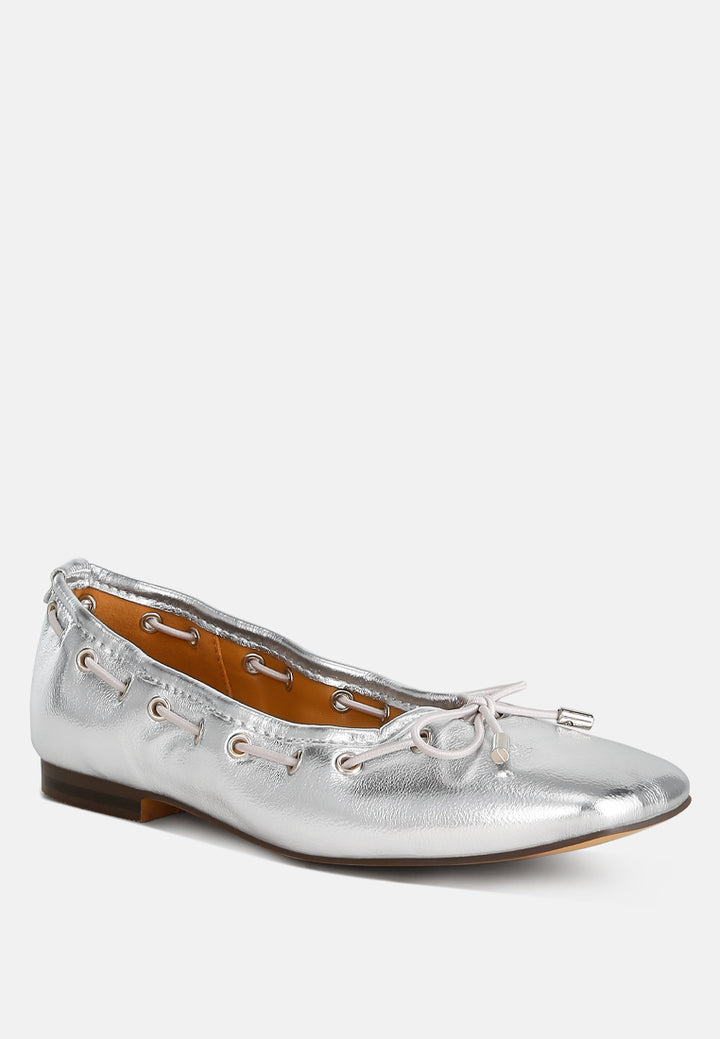 metallic eyelet detail bow ballerinas by ruw color_silver