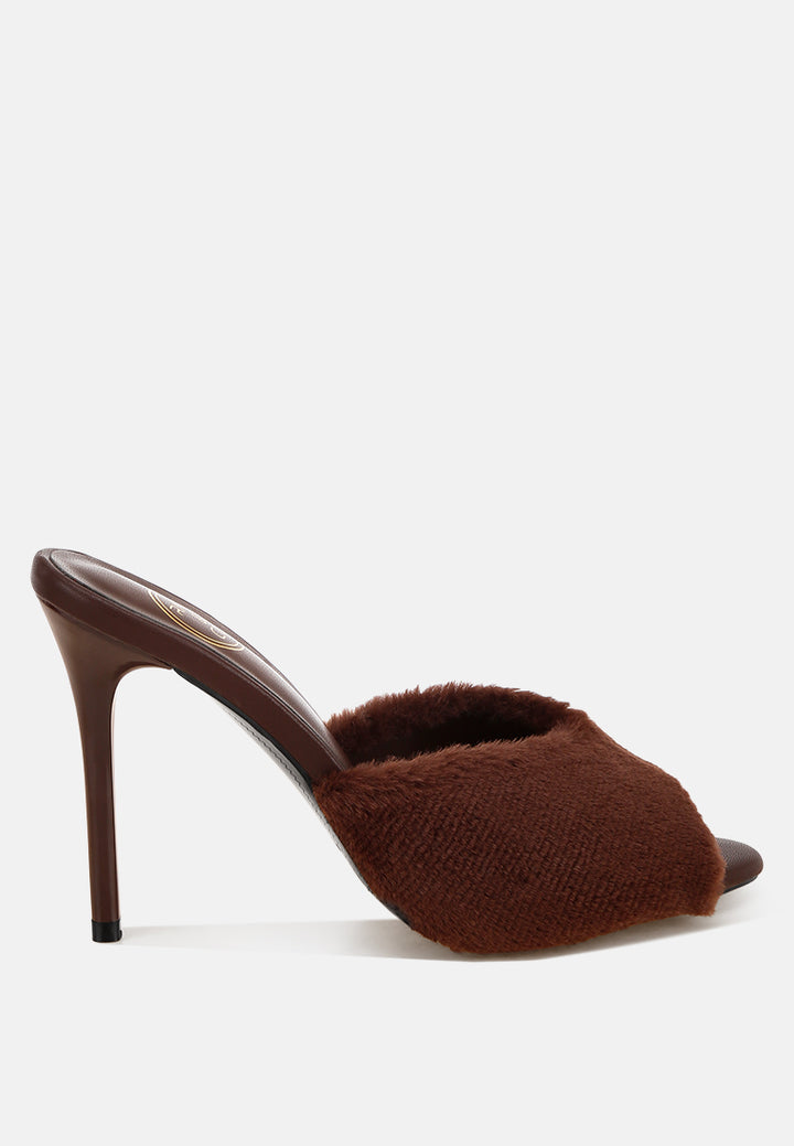 furry sleek stiletto heels#color_brown