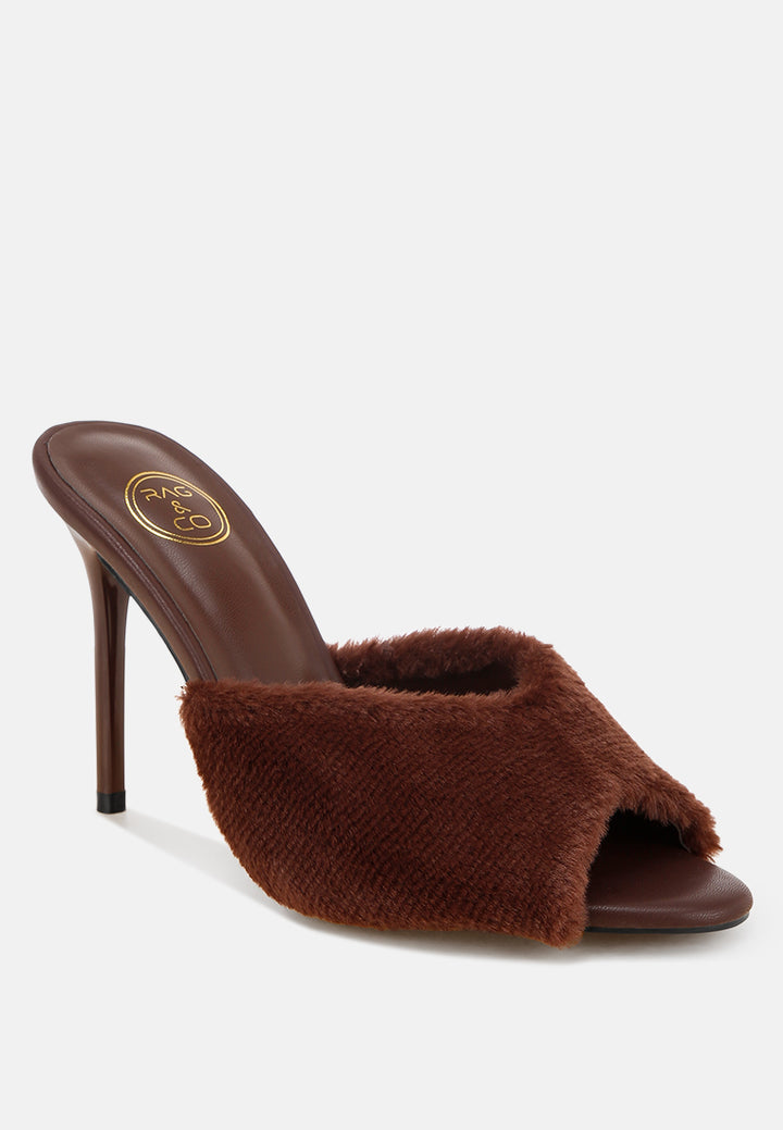 furry sleek stiletto heels#color_brown