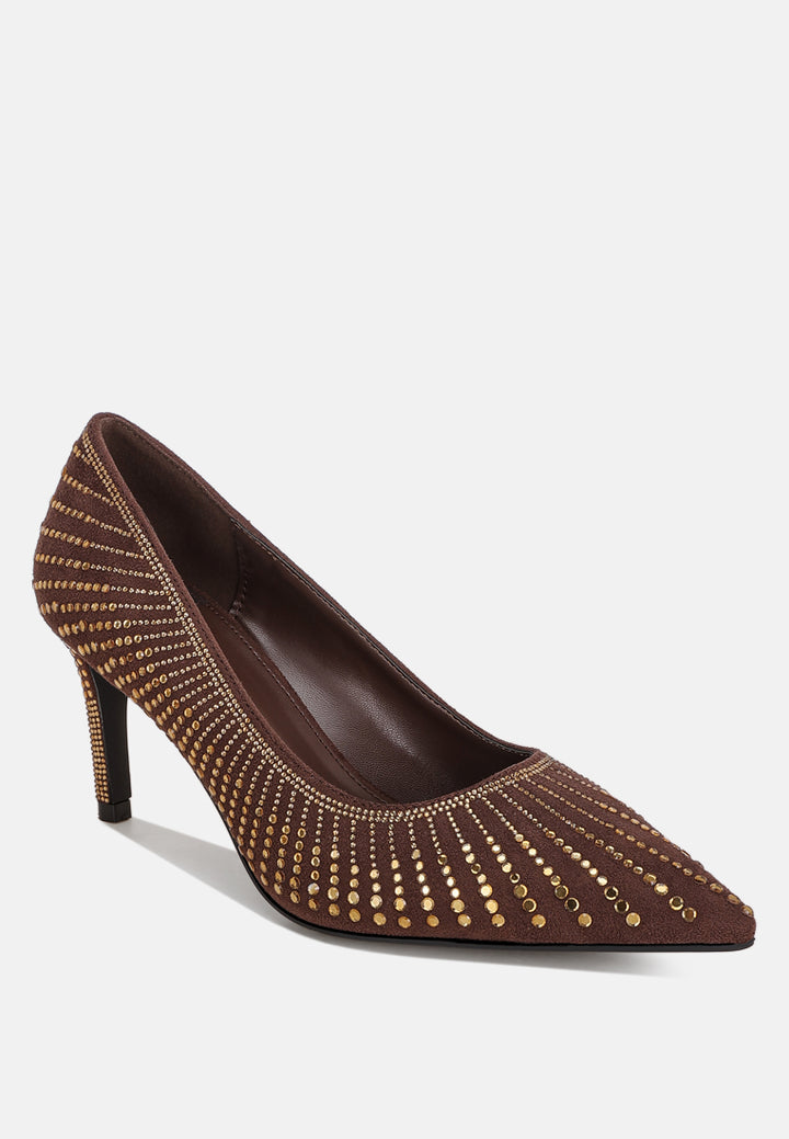 pitchers rhinestone embellished stiletto heels#color_brown-suede