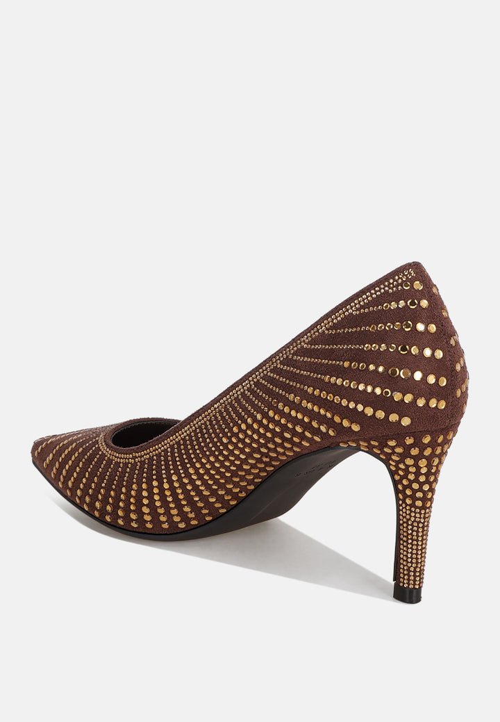 pitchers rhinestone embellished stiletto heels#color_brown-suede
