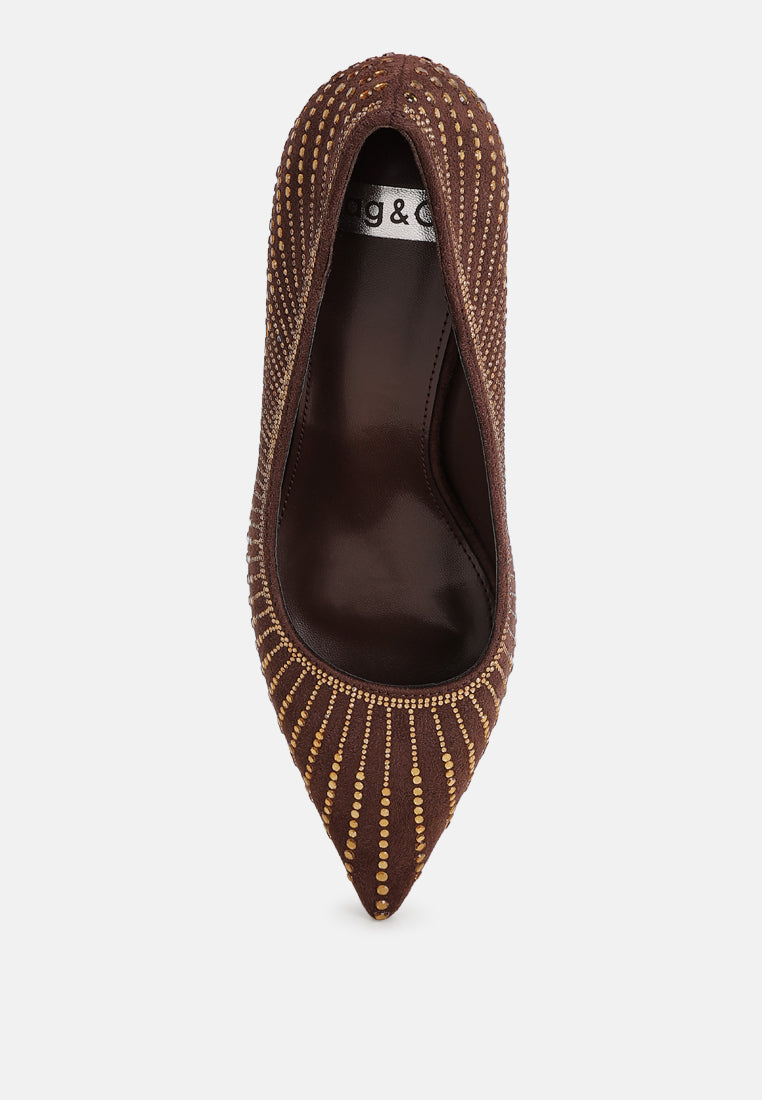 pitchers rhinestone embellished stiletto heels#color_brown-suede