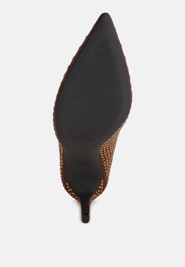 pitchers rhinestone embellished stiletto heels#color_brown-suede