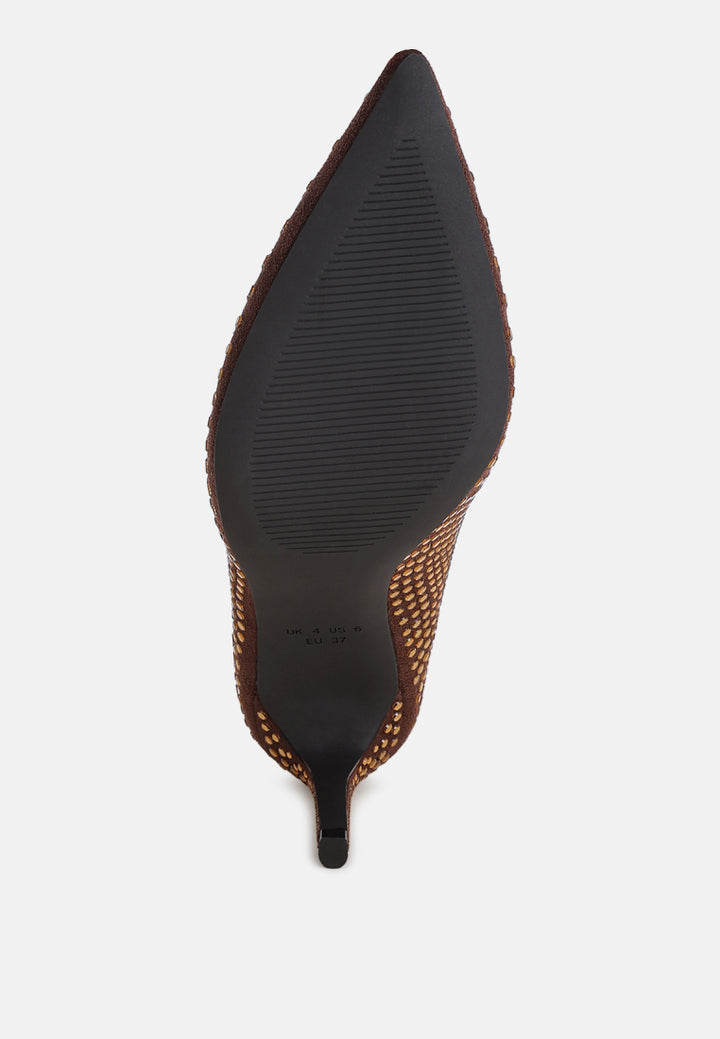 pitchers rhinestone embellished stiletto heels#color_brown-suede