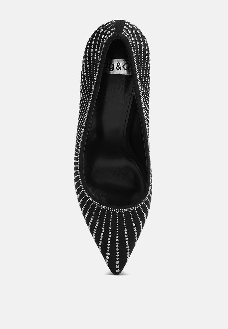 pitchers rhinestone embellished stiletto heels#color_black-suede
