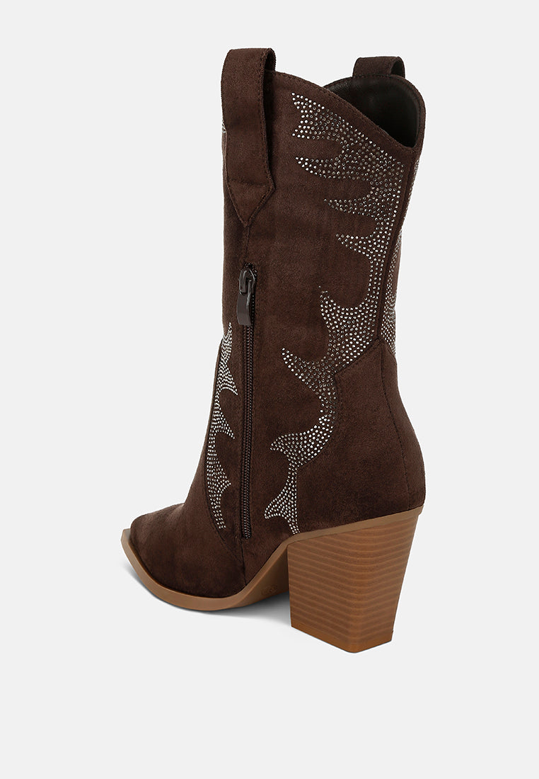 rhinestones embellished calf boots by ruw#color_brown