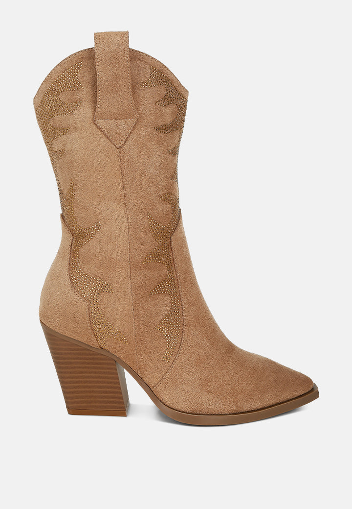 rhinestones embellished calf boots by ruw#color_camel