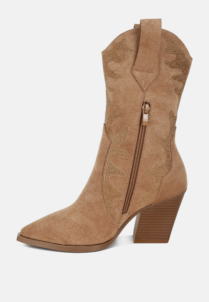 rhinestones embellished calf boots by ruw#color_camel