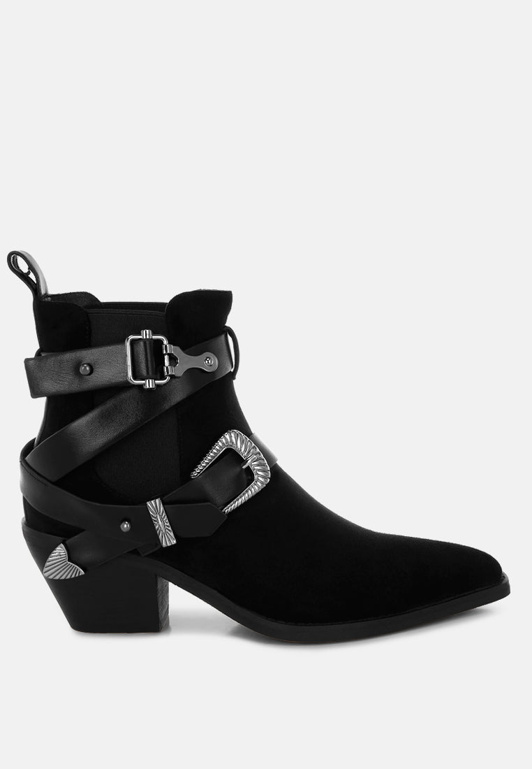 raveta microfiber buckle strap western boots#color_black
