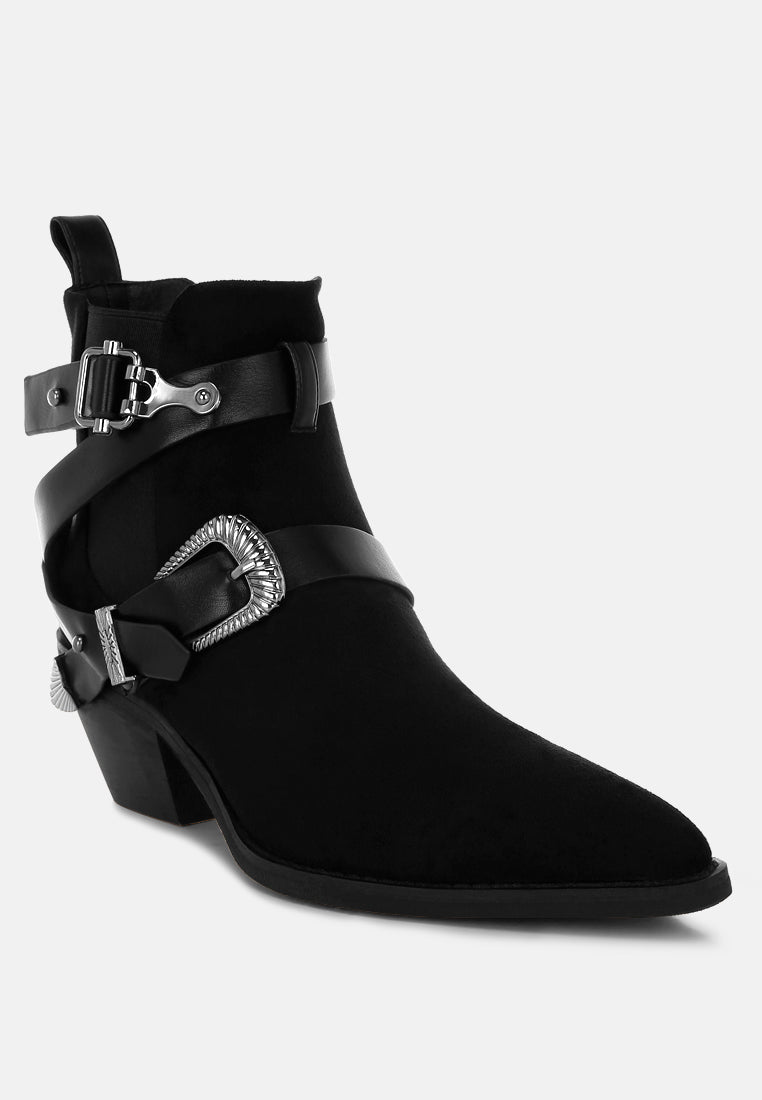 raveta microfiber buckle strap western boots#color_black