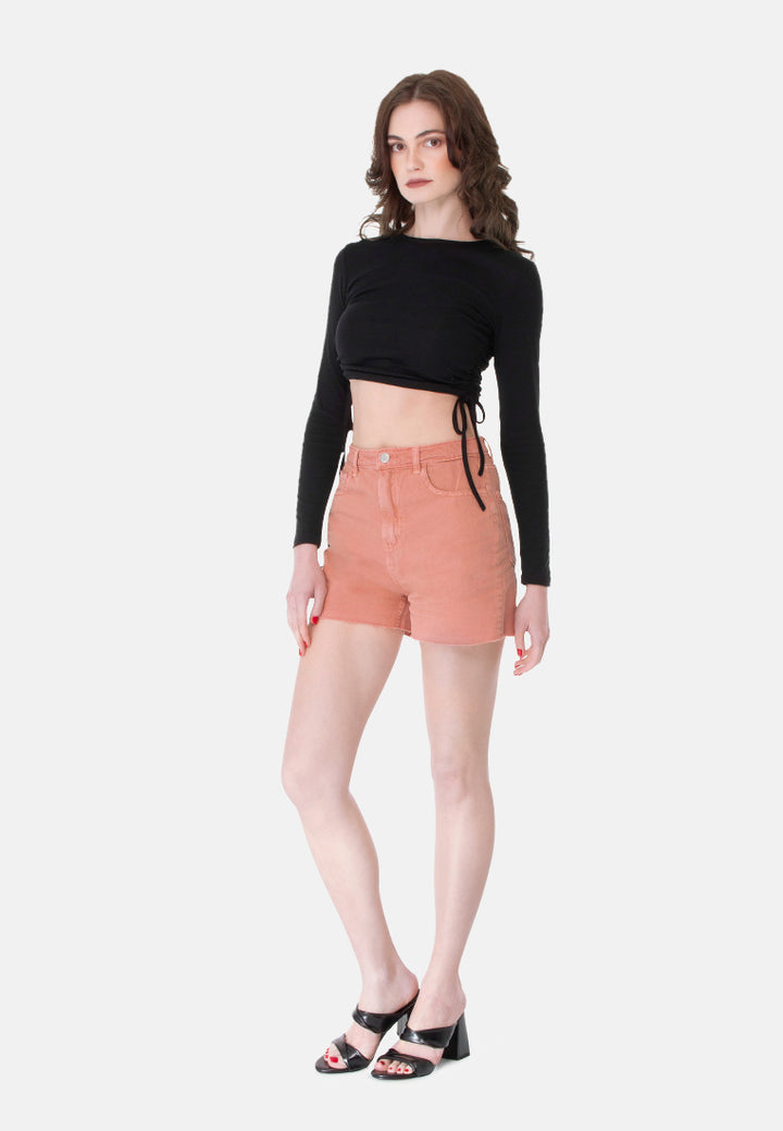 raw hem denim shorts#color_coral