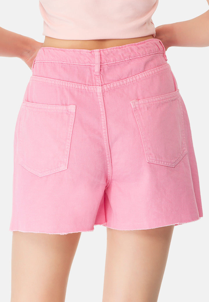 Pink Raw Hem Denim Shorts