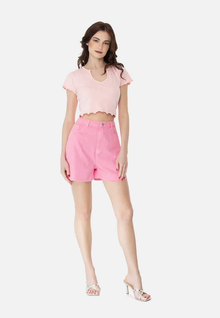 Pink Raw Hem Denim Shorts