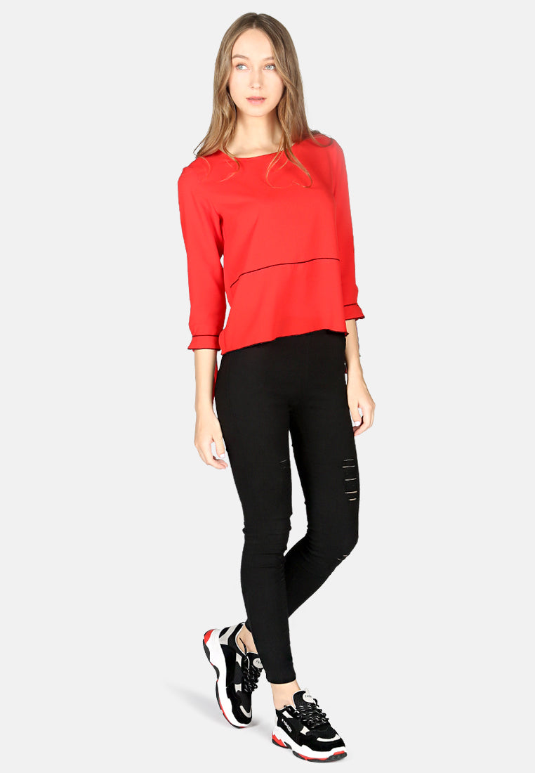elbow sleeve casual top#color_red