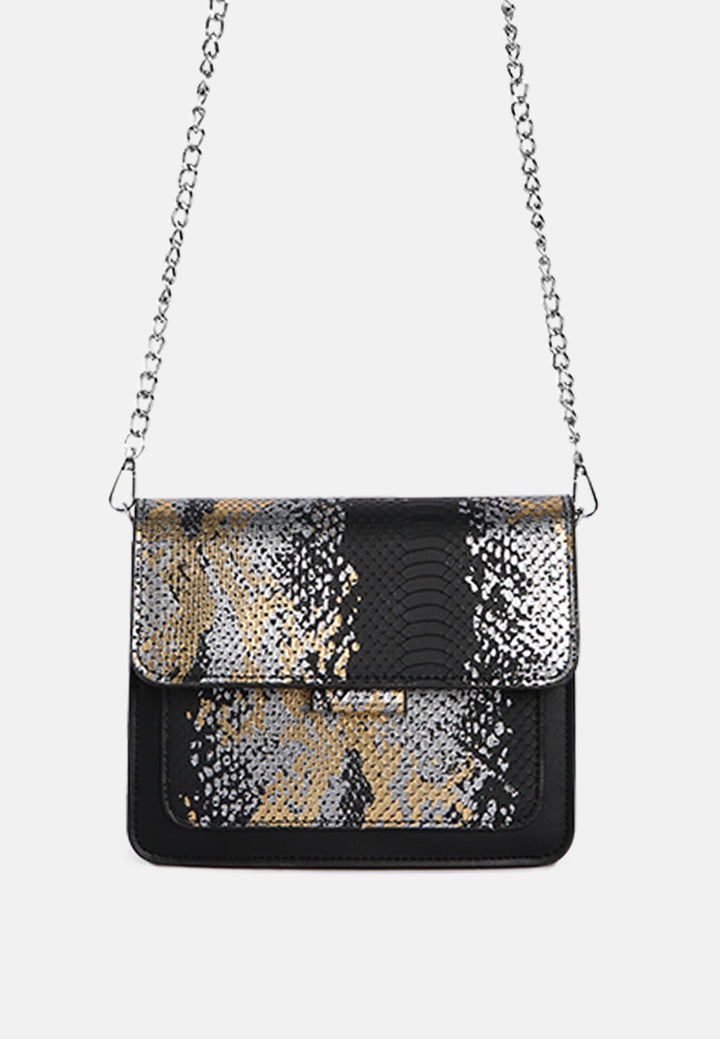 black reptile print sling bag#color_black