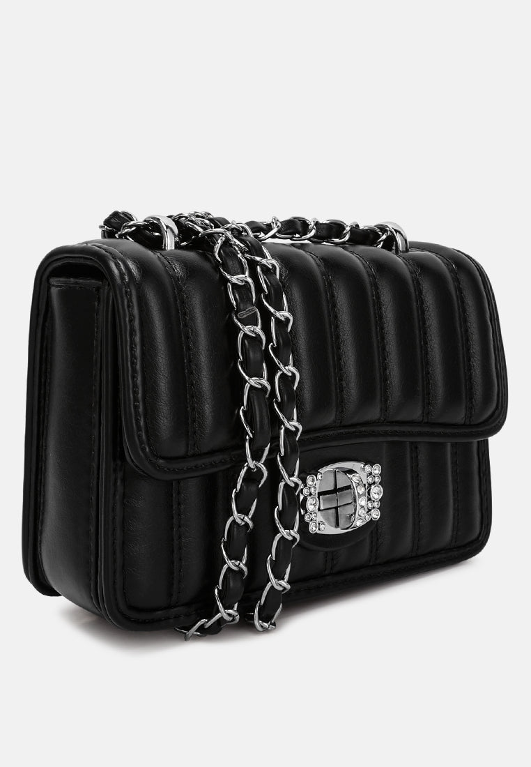 rhinestone embellished lock flap bag#color_black