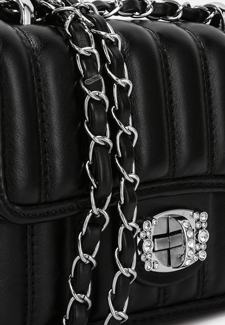 rhinestone embellished lock flap bag#color_black