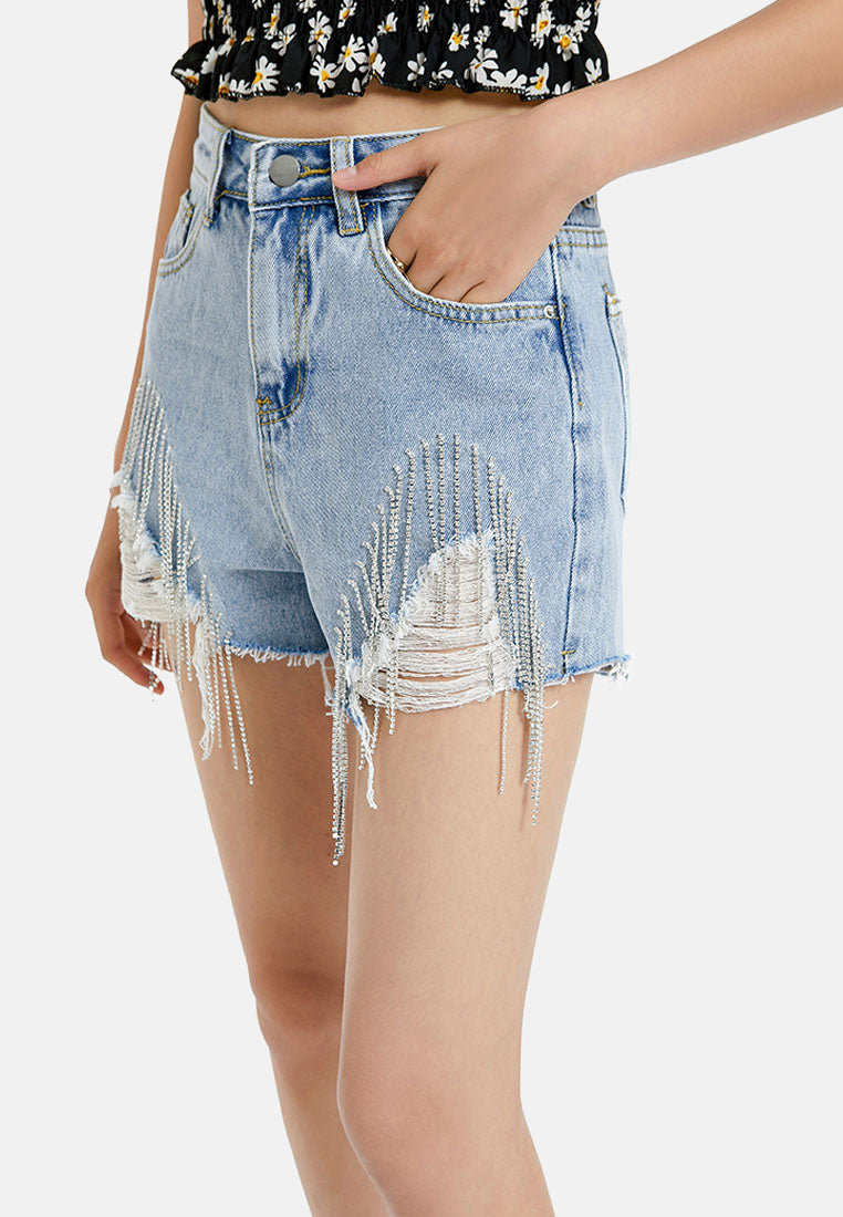 rhinestone rugged denim shorts#color_blue