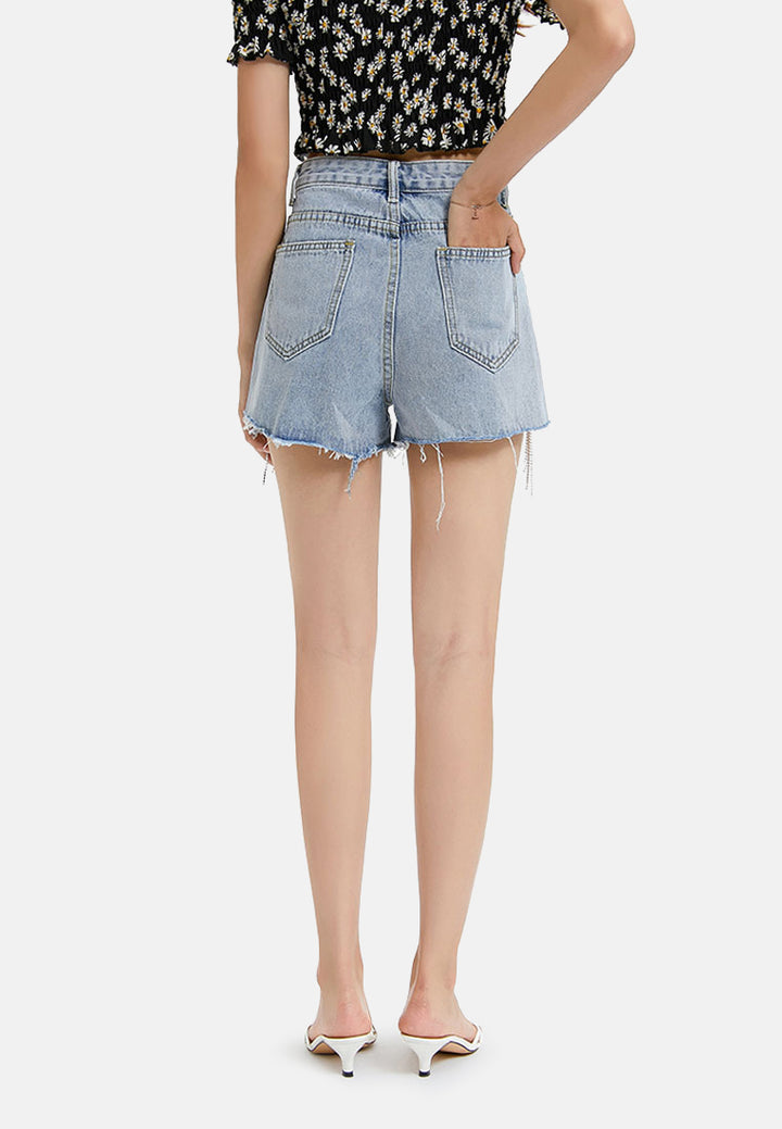 rhinestone rugged denim shorts#color_blue