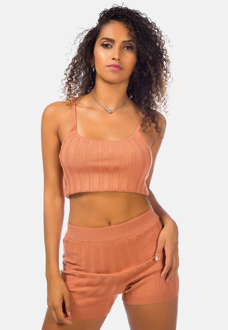 rib knit spaghetti crop top#color_coral