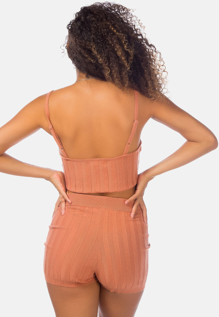 rib knit spaghetti crop top#color_coral